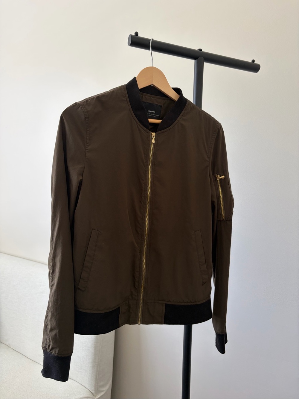 Zara Olive Green Bomber Jacket with Gold Zip